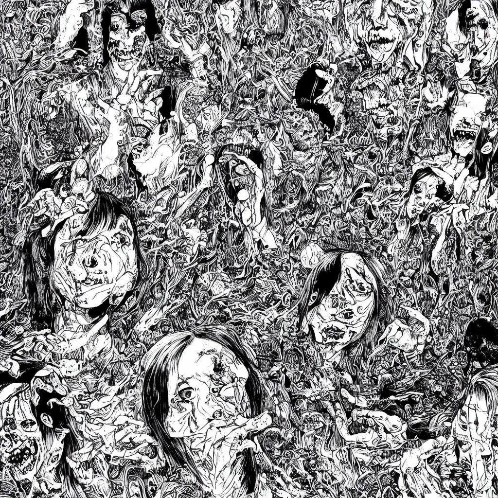 Image similar to horrors beyond comprehension, vile, grotesque, art by junji ito, yuki fujisawa, shintaro kago, intricate, black and white, highly detailed