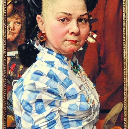 Prompt: Frontal portrait of a maximalist queen of fictional ethnicity. A painting by Norman Rockwell.