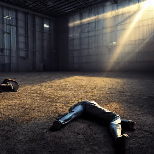Prompt: Inside of a warehouse with sunrays shining through the windows with bullet shells laying on the floor and a body laying in the background against a wall, tarantino style, photorealistic, 4k,