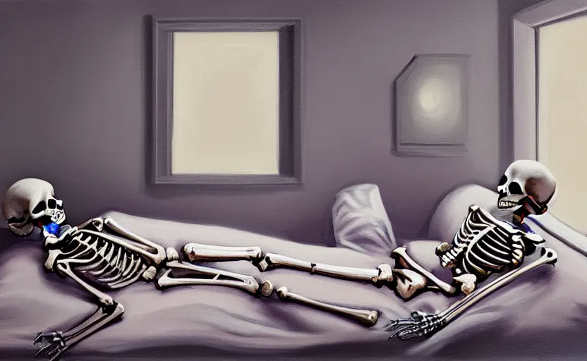 Image similar to matte oil painting of a skeleton dressed in pajamas and nightcaps and robes and slippers inside of a comfy bedroom, sleepy, cozy