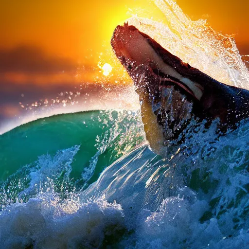 Image similar to a closeup photorealistic photograph of a happy tiger hippopotamus surfing a large wave during sunset. surf in the background. professional capture. brightly lit scene. this 4 k hd image is trending on artstation, featured on behance, well - rendered, extra crisp, features intricate detail, epic composition and the style of unreal engine.