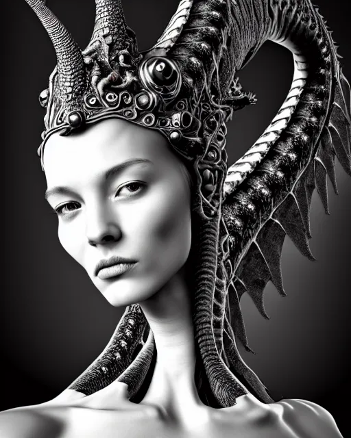 Image similar to a black and white high quality photo of a young beautiful female queen-dragon-cyborg bust with a very long neck and Mandelbrot fractal face, Mandelbrot fractal skin, flesh, anatomical, facial muscles, veins, arteries, elegant, highly detailed, flesh highly baroque ornate, hair are wired cables, elegant, high fashion, rim light, octane render, in the style of H.R. Giger and Man Ray, Realistic, Refined, Digital Art, Highly Detailed, Cinematic Lighting, rim light, black and white, photo-realistic, 8K