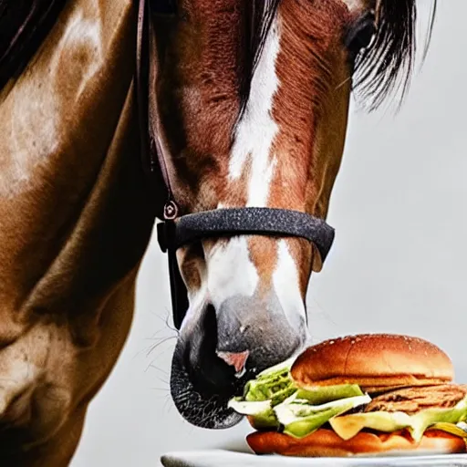 Prompt: a horse eating hamburger