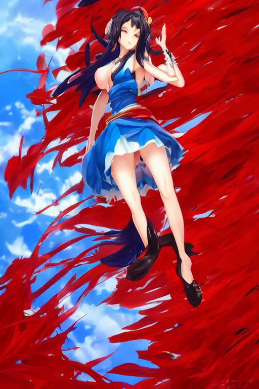 Image similar to Mai Shiranui in red rim light using a pale blue summer dress in a blade and soul spinoff artbook rendered by the artist Taran Fiddler, Joe Madureira, Nadezhda Tikhomirova, Jiyun Chae, Lê Long, trending on Artstation by Hyung Tae Kim, artbook, Stanley Artgerm Lau, WLOP, Rossdraws , James Gurney