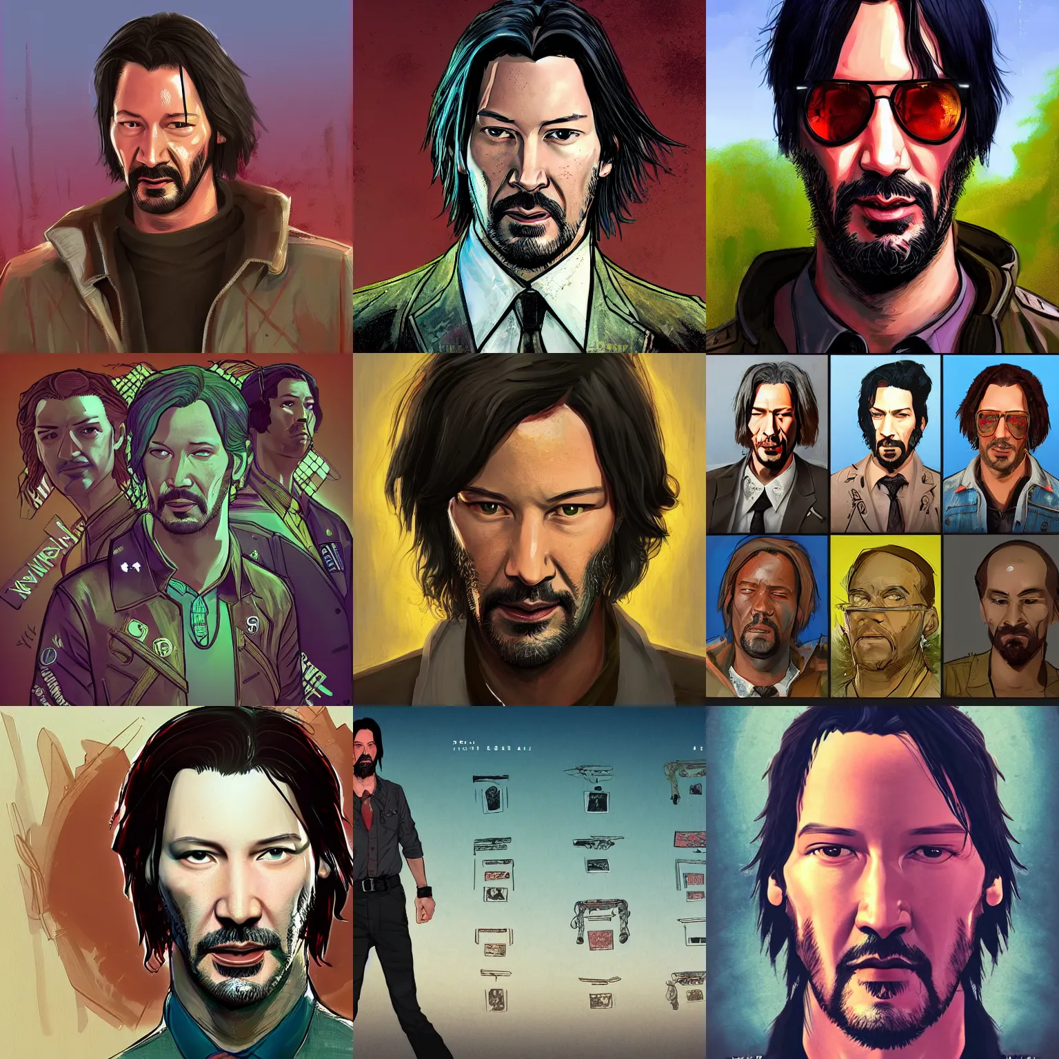 Image similar to keanu reevez in the art style of disco elysium