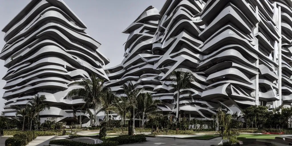Prompt: extremely beautiful architecture photo of a luxury hotel complex in lagos nigeria in the style of rem koolhaas and virgil abloh with red black and white accents, green plants, zaha hadid, postmodern, clean, the structure is angular and geometric, beautiful, award winning architecture, extremely beautiful lighting, cinematic composition, modern, render, architectural, architecture, realistic, clear