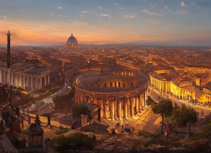 Image similar to A painting of a panoramic view of Rome at sunset, by Greg Rutkowski and James Gurney, trending on Artstation, highly detailed