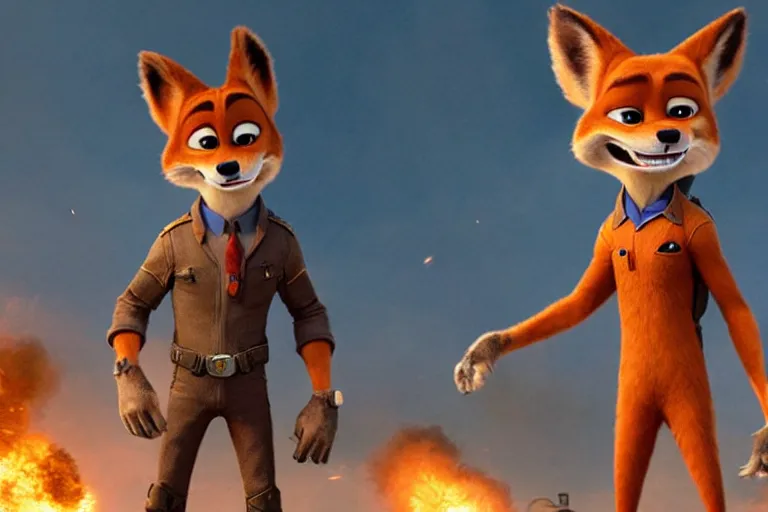 Image similar to nick wilde ( from zootopia ), heavily armed and armored facing down armageddon in a dark and gritty reboot from the makers of mad max : fury road