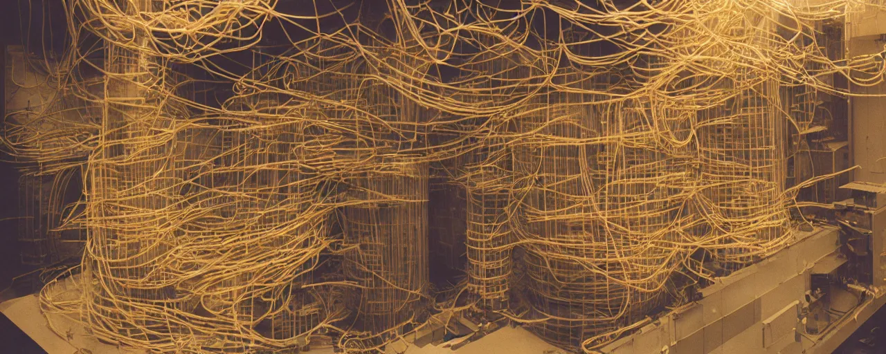 Prompt: a nuclear power plant made out of spaghetti, in a new jersey suburb, canon 5 0 mm, cinematic lighting, photography, retro, film, kodachrome