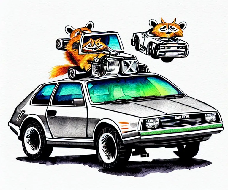 Image similar to cute and funny, racoon wearing a helmet riding in a tiny silver color hot rod dmc delorean with oversized engine, ratfink style by ed roth, centered award winning watercolor pen illustration, isometric illustration by chihiro iwasaki, edited by range murata, details by artgerm