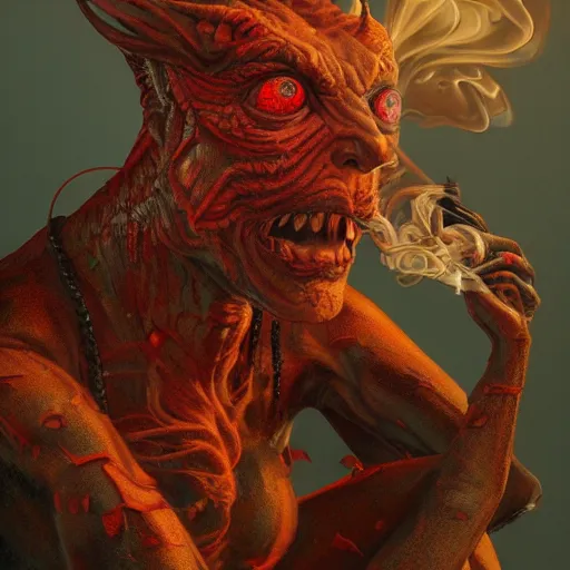 Prompt: realistic extremely detailed photo style portrait painting of a demon with smoke for hair and red burning eyes, siting in a chair, moebius, brom, ian miller, moody vibrant colors, octane render, 4k