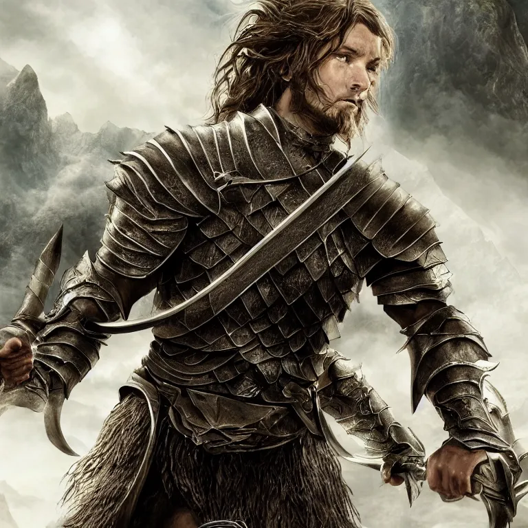 Image similar to extremely detailed fantasy art of a male human warrior, lord of the rings, poster, full body, realistic, sharp focus, 8 k high definition, insanely detailed, intricate, elegant