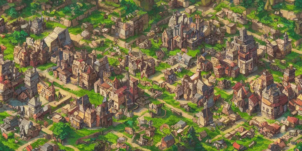 Prompt: rpg isometric top view of a lovely anime medieval fantasy village!! jrpg!! cory loftis, james gilleard, atey ghailan, makoto shinkai, goro fujita, studio ghibli, rim light, exquisite lighting, clear focus, very coherent, plain background, soft painting