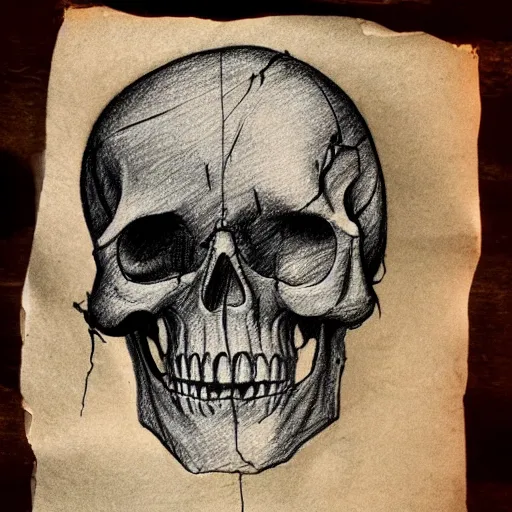 Prompt: drawing of a skull on old torn paper, dramatic lighting, ultra detail, creepy, book cover