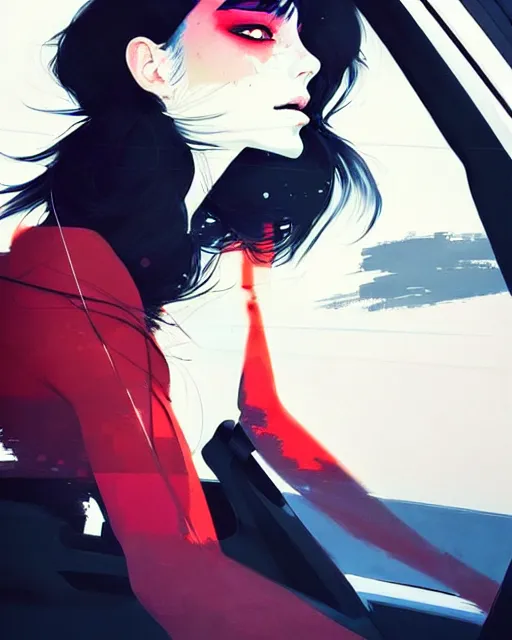 Prompt: a ultradetailed beautiful painting of a stylish woman driving a car, by conrad roset, greg rutkowski and makoto shinkai trending on artstation