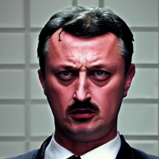 Image similar to Igor Ghirkin Strelkov as The American Psycho doing the Bateman stare, cinematic still