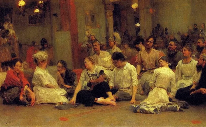 Prompt: high quality high detail painting by ilya repin, people sitting on the floor around the room, hd