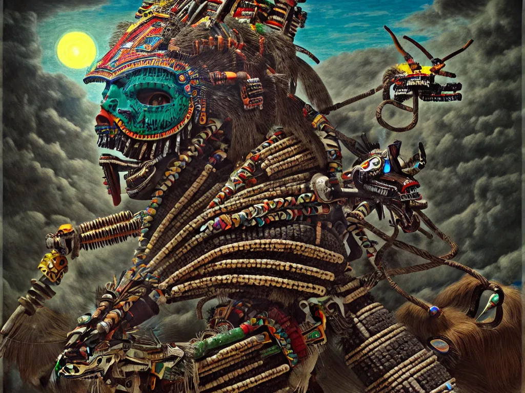 Image similar to highly detailed photo of huitzilopochtli, cipactli, tezcatlipoca, itzlacoliuhqui - ixquimilli, trending on deviantart, neo surrealism, sharp focus, a lot of little details, octane, masterpiece, art by max ernst