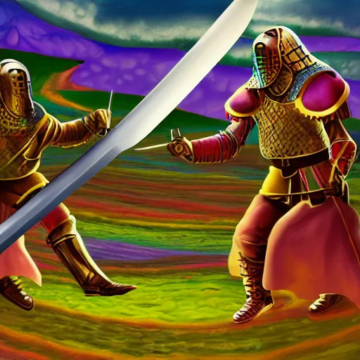 Image similar to medieval knights on a psychedelic trip having a sword fight, surrealism, 4k