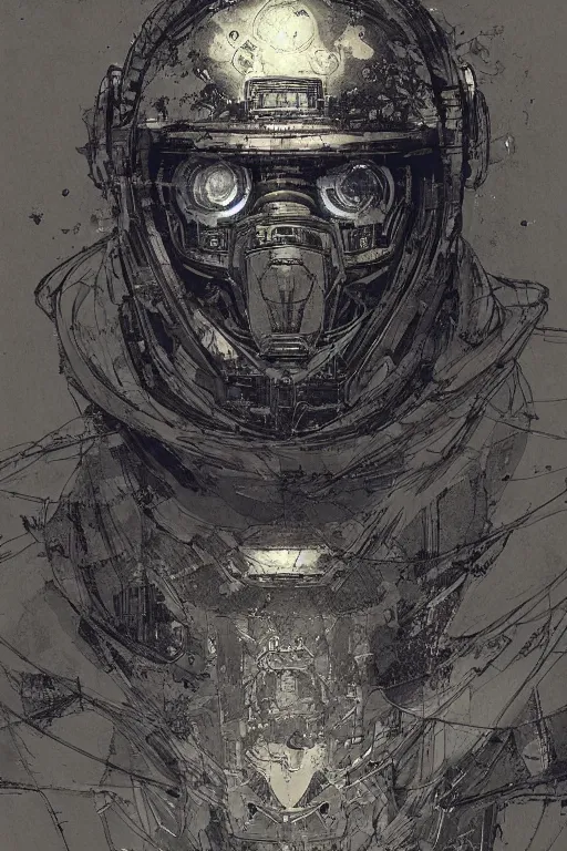 Prompt: portrait of astropunk human with helmet, pen and ink, intricate line drawings, by craig mullins, ruan jia, kentaro miura, greg rutkowski