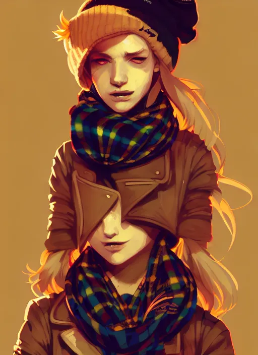 Image similar to highly detailed portrait of a sewer punk lady student, beanie, tartan scarf, wavy blonde hair by atey ghailan, by greg rutkowski, by greg tocchini, by james gilleard, by joe fenton, by kaethe butcher, gradient red, black, brown and gold color scheme, grunge aesthetic!!! graffiti tag wall background