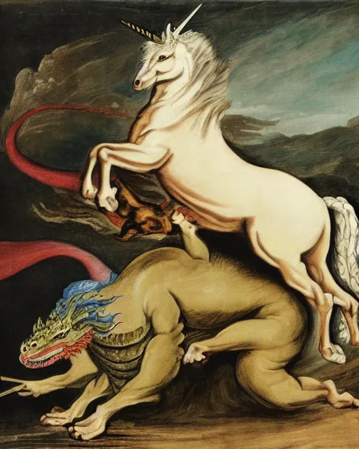 Image similar to a portrait of a unicorn fighting a dragon in the style of Goya