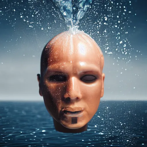 Prompt: a human head stuffed in a bottle, on the ocean water, futuristic, glowing, hyper realistic, ray tracing, realistic water splashes, sharp focus, long shot, 8 k resolution, cinematic, photoshop art