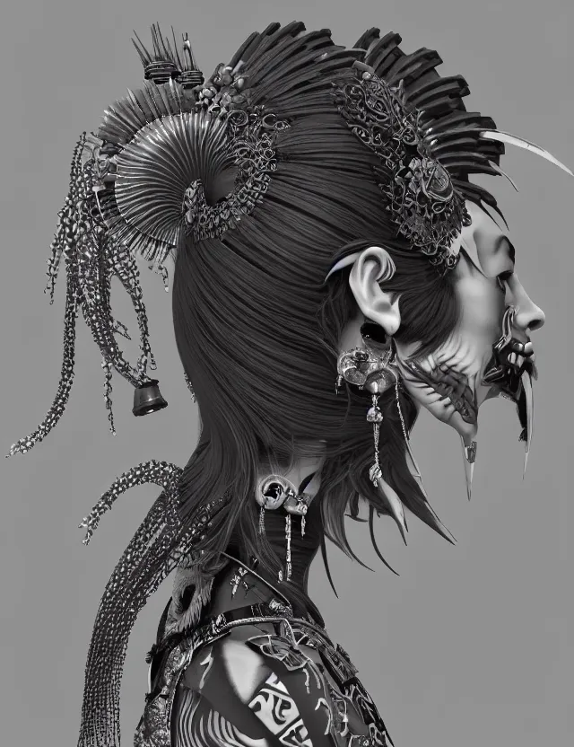 Image similar to 3 d goddess close - up profile portrait punk with mohawk in victorian style with ram skull. beautiful intricately detailed japanese crow kitsune mask and clasical japanese kimono. betta fish, jellyfish phoenix, bio luminescent, plasma, ice, water, wind, creature, artwork by tooth wu and wlop and beeple and greg rutkowski