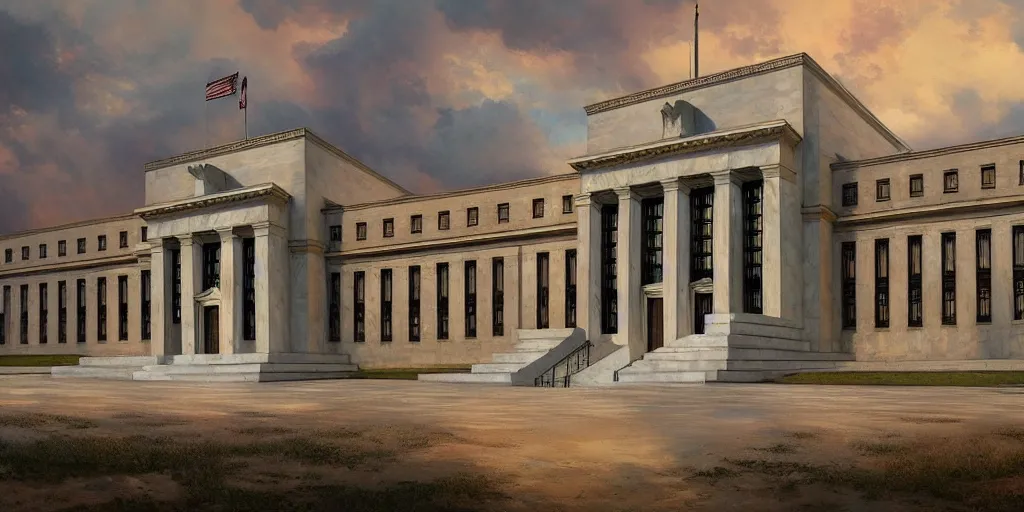 Prompt: wide angle shot of the federal reserve in an apocalyptic scene, hd, volumetric lighting, 4 k, intricate detail, by jesper ejsing, irakli nadar