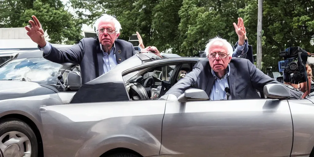 Prompt: bernie sanders, muscular, holding car above head