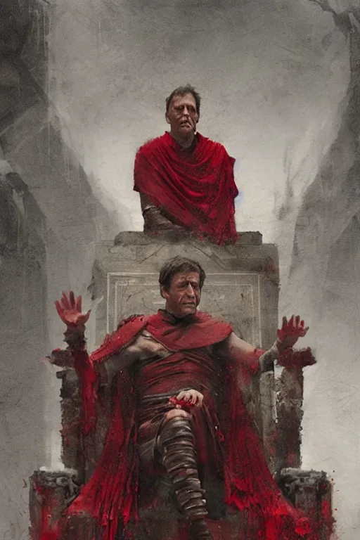 Image similar to the end is near. a tired julius caesar is sitting on his throne. face is highly detailed. splices of red are running down his toga. mist. color scheme red. low angle medium shot. imagined by jeremy lipking and greg rutkowski