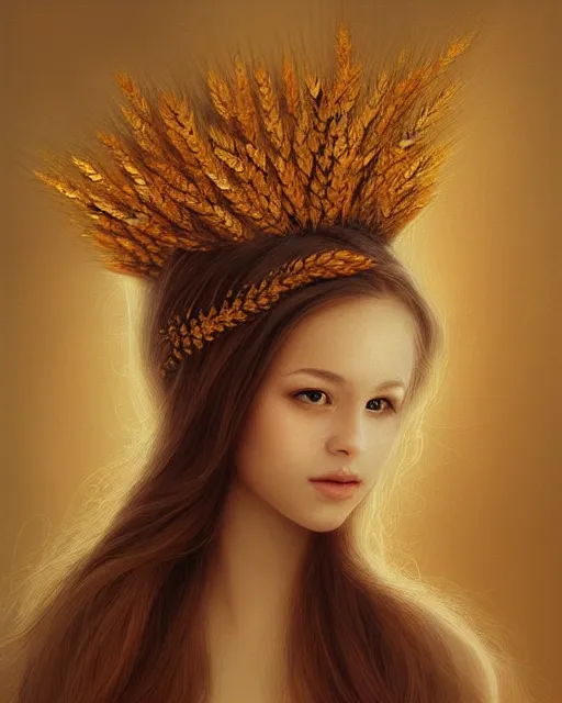 Prompt: goddess of autumn, with wheat ears on her head, half - length head portrait, dreamy, beautiful, by wlop