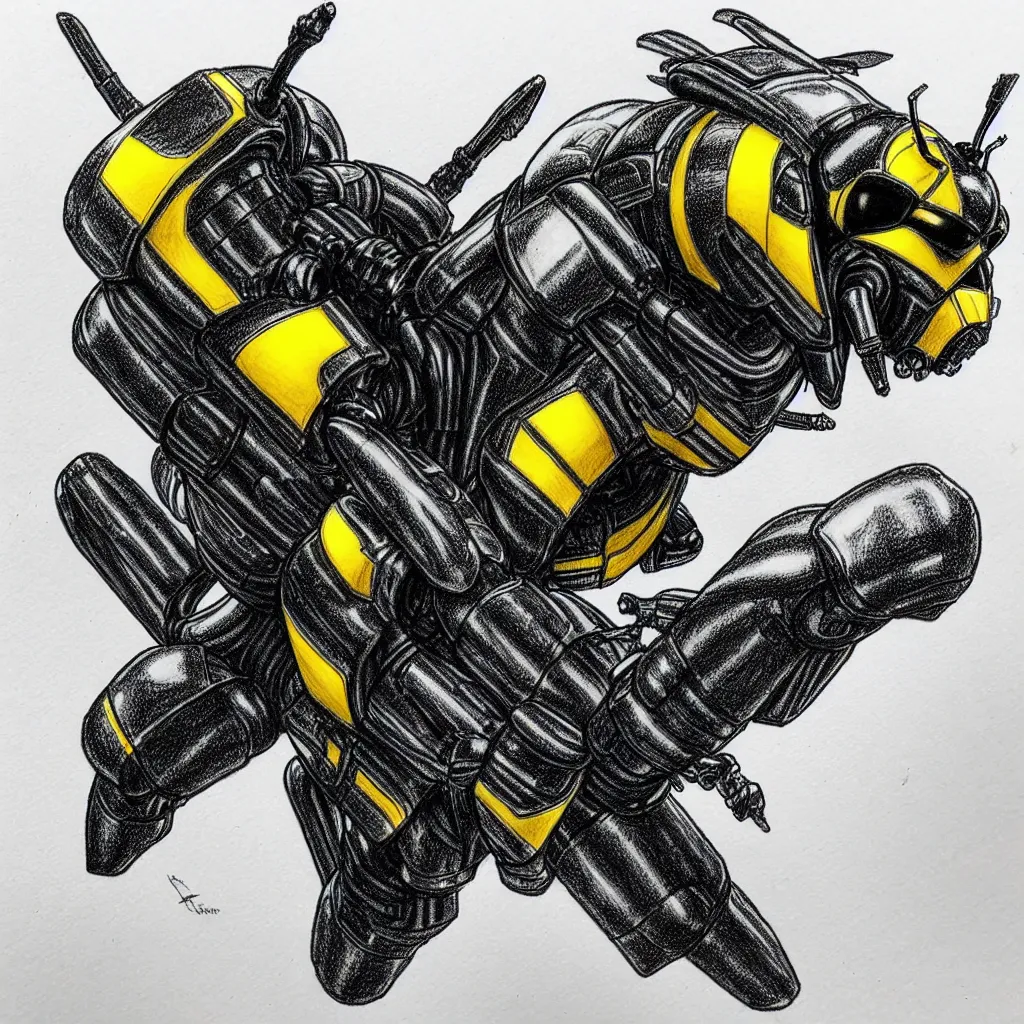 Image similar to bumblebee equipped with a jetpack, drawn with a black 0. 3 mm fineliner on a white paper