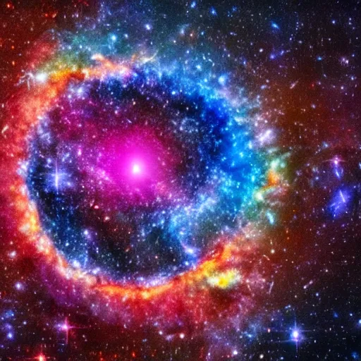 Prompt: large scaling galaxy, intertwining bright colors, supernova, fire, collapsing into a black hole full of beautiful galaxies, bright hd ultra color, bright stars, space, bright