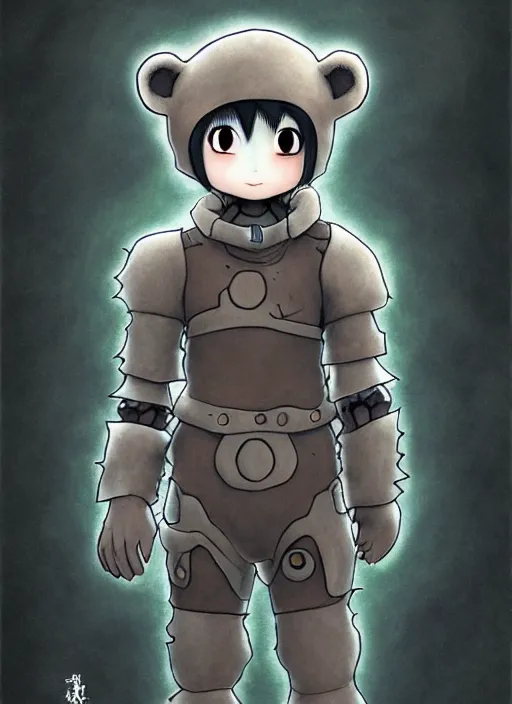 Image similar to beautiful little boy wearing an cyborg bear suit, artwork in kentaro miura and made in abyss and rosdraws, smooth, beautiful lightness, anatomically correct, trending on pixiv, forest