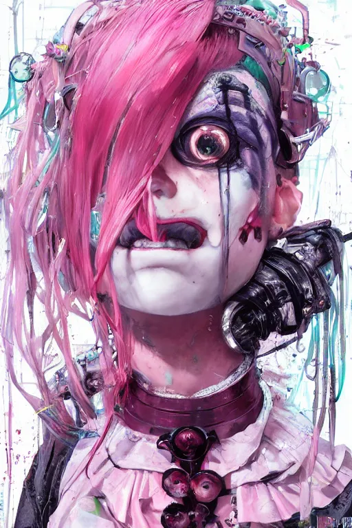 Prompt: by kyoto animation, very creepy clown girl pink hair, wearing cyberpunk intricate streetwear, beautiful, detailed portrait, intricate complexity, ilya kuvshinov, cell shaded, 4 k, concept art, by wlop, ilya kuvshinov, artgerm, krenz cushart, greg rutkowski, sharp focus, volumetric lighting, cinematic lighting, studio quality