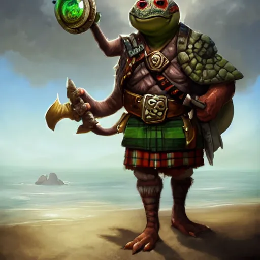 Prompt: an anthropomorphic turtle, wearing a kilt and an eye-patch, walking up the beach, DnD character art portrait, matte fantasy painting, DeviantArt Artstation, by Jason Felix by Steve Argyle by Tyler Jacobson by Peter Mohrbacher, cinematic lighting