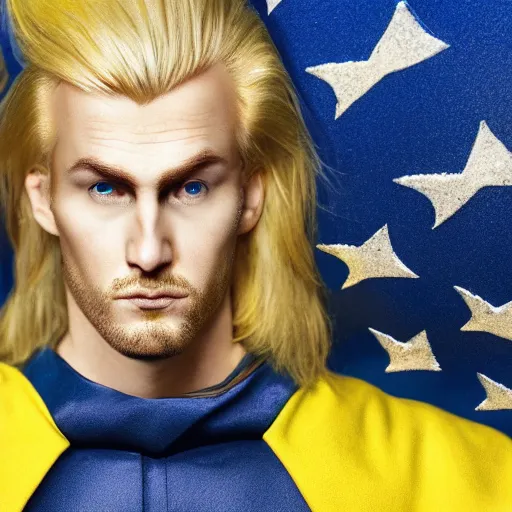 Image similar to portrait of a blonde masculine man two sides hair and thin face lines, his cape is the american flag, he is angry, his costume is blue with yellow eagles head on the shoulders, 8 k, hyper realistic, movie imax shot, film, cinematography, red