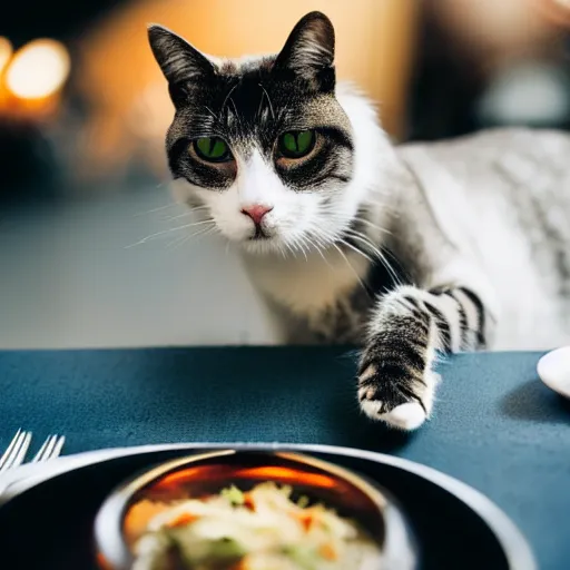 Image similar to A photo of a cat wearing a suit sitting in a fancy and expensive gourmet restaurant and eating a plate of cat food. f/2.8, dim lighting, award winning photo