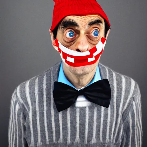 Image similar to a high quality photoshoot photograph of mr. bean as waldo from where's waldo