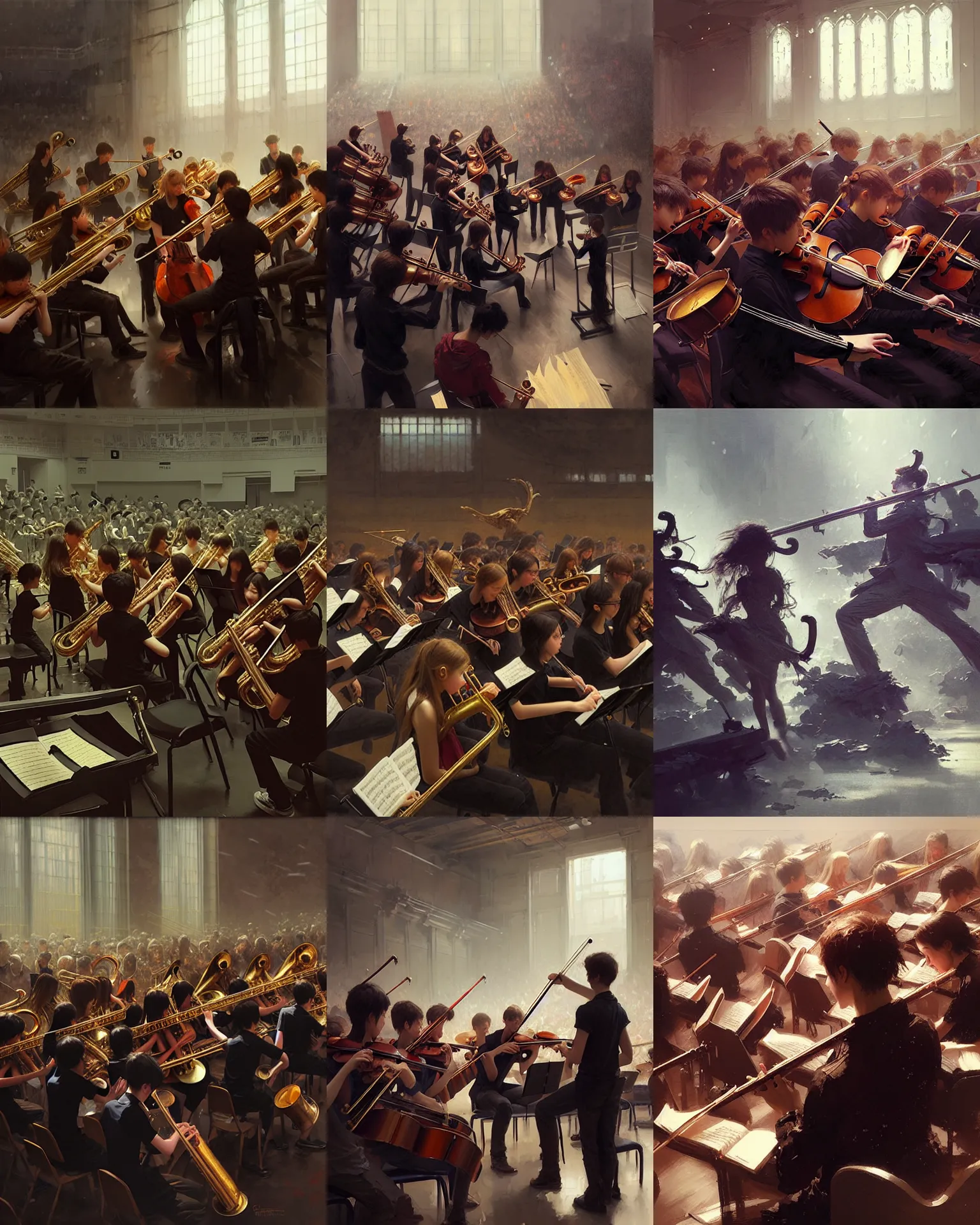 Prompt: high school concert band orchestra practice afternoon, intricate, sharp focus, illustration, highly detailed, digital painting, concept art, matte, art by ruan jia and wlop and greg rutkowski, masterpiece