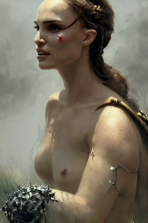 Image similar to natalie portman, legendary warrior, heroic, lord of the rings, tattoos, decorative ornaments, battle armor, by carl spitzweg, ismail inceoglu, vdragan bibin, hans thoma, greg rutkowski, alexandros pyromallis, perfect face, fine details, realistic shading photorealism