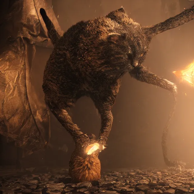 Image similar to a cat boss in dark souls, volumetric, realistic, cinematic lighting, ray tracing, unreal engine 5, unreal engine render, octane render, hyper realistic, photo, 8 k