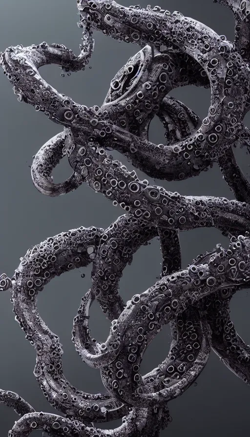 Image similar to a single bio mechanical tentacle, robotic but also organic, made up of lots of small parts, wet, shiny, horror, clinical, octane render, 8k, hyper realistic, super detailed