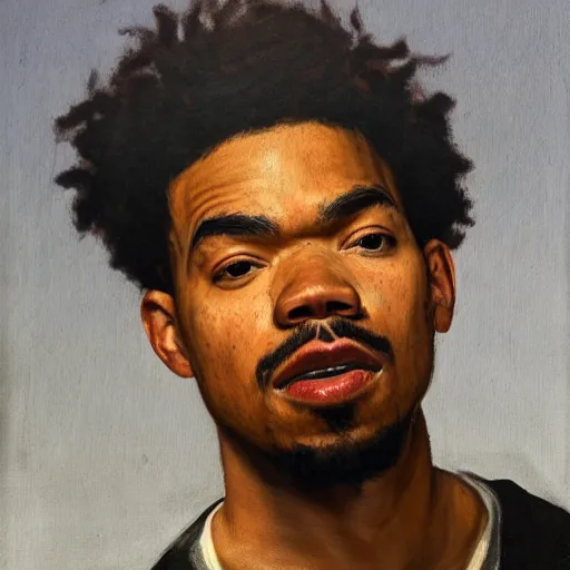 Image similar to a portrait painting of Chance The Rapper as a Poetic Philosopher in the style of Caravaggio, 1599, realistic, detailed