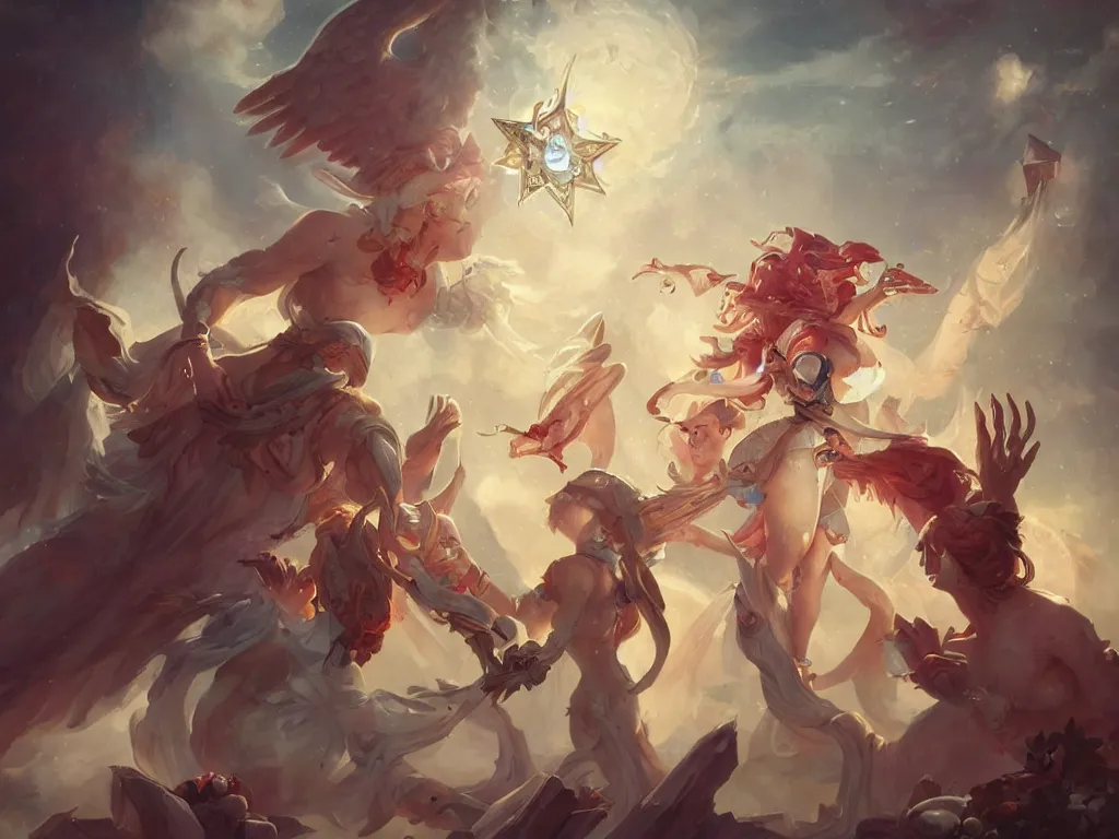 Prompt: angelical time keepers performing a ritual of planetary sacrifice, emotional, fantastic, stars, detailed, digital art, artstation by peter mohrbacher and artgerm, league of legends splash art