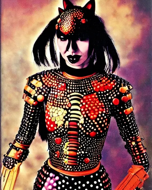 Image similar to portrait of a skinny punk goth yayoi kusama wearing armor by simon bisley, john blance, frank frazetta, fantasy, thief warrior, colorful cats