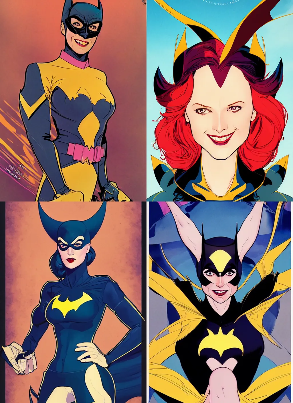 Image similar to in the style of Joshua Middleton comicbook cover art, Batgirl, fun pose Symmetrical body, smile