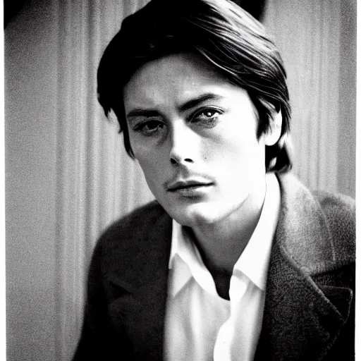 Image similar to stunning symmetrical portrait of alain delon in front of a ( ( ( tall moog synthesizer ) ) ), high contrast grainy blank and white photography print ilford warm tone, huge modular synthesizer