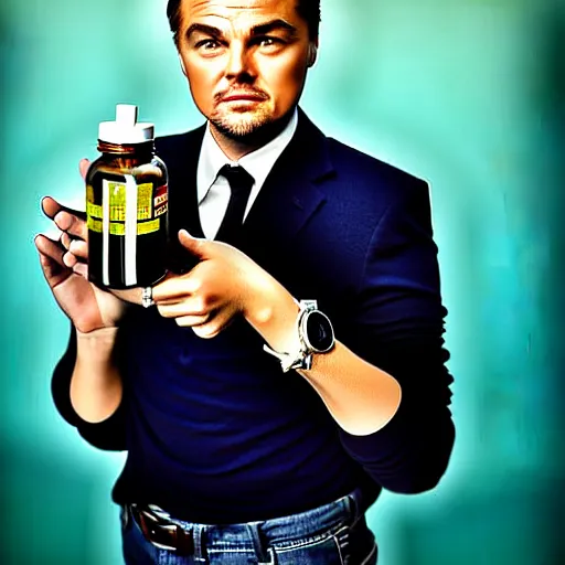 Image similar to detailed studio portrait of leoanrdo dicaprio holding tiny jar of tincture. watching ar camera. studio light, polished look, solid background, ad, fashion photography, by pierpaolo ferrari and maurizio cattelan, 3 5 mm photograph, david lachapelle, canon eos c 3 0 0, 8 k